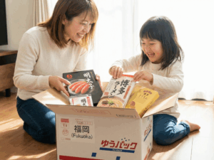 A mother and her daughter opening a parcel purchased through an e-commerce platform.