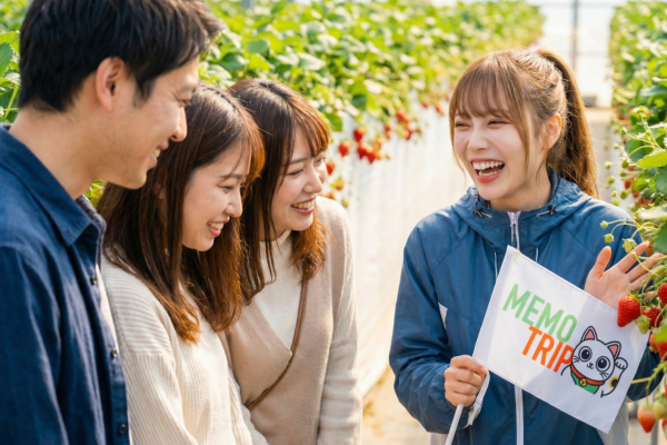 A MEMOTRIP staff member holding fresh strawberries together with visitors